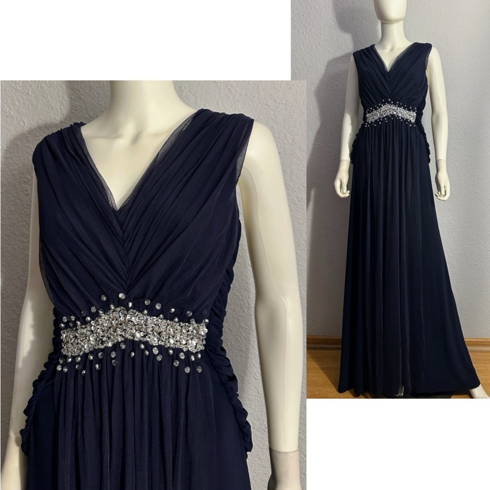 NWT Plus Size Formal A-line Long Dress V-Neck Beaded‎ Stretched in Navy